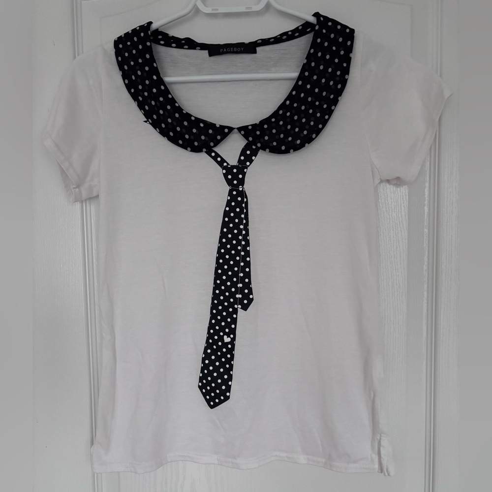 Vintage | Polka Dot Collar Tie White Short Sleeve Tee Top